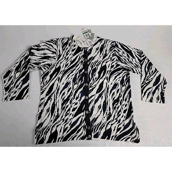 Charter Club Cardigan Sweater L Black White Zebra Print Button Up Round Neck NWT - Picture 1 of 11